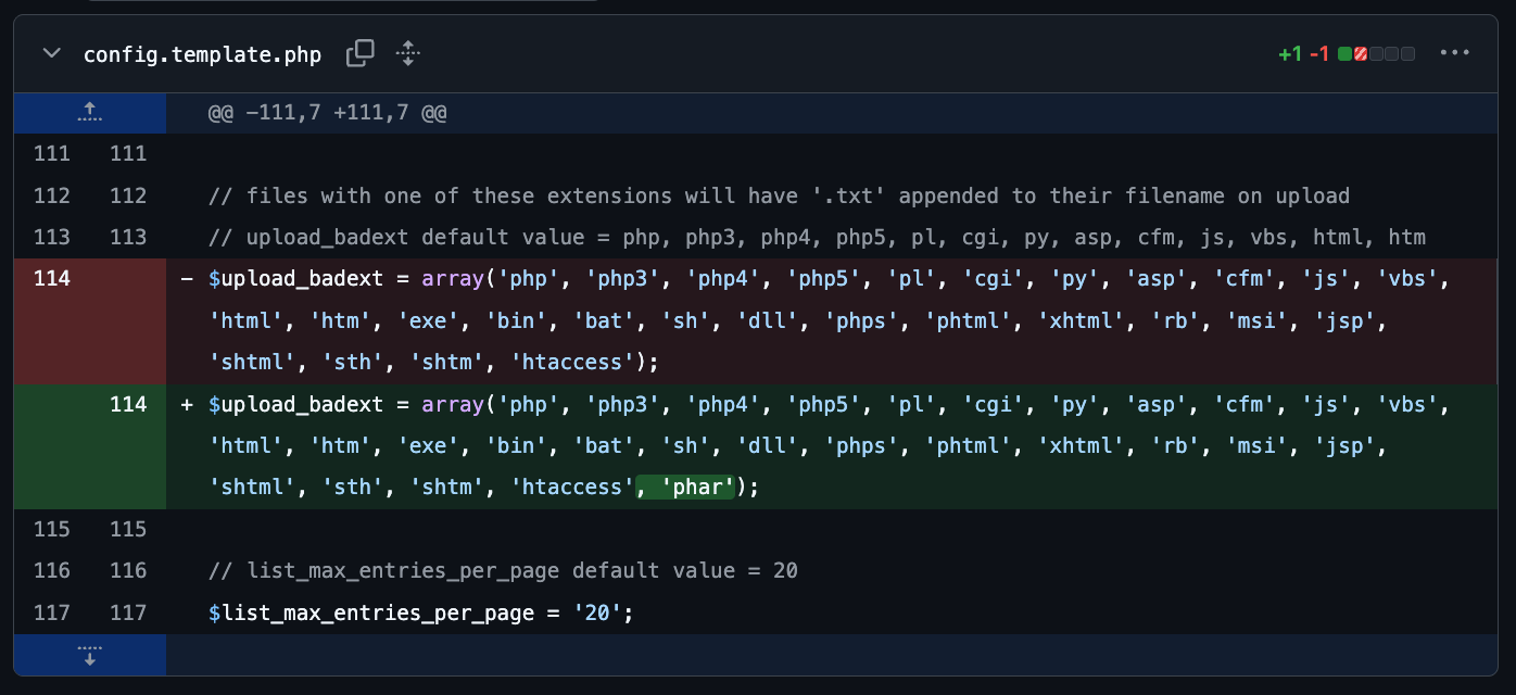 Diff of config.template.php between Vtiger CRM 8.3.0 and 8.4.0 showing .phar added to the upload blacklist