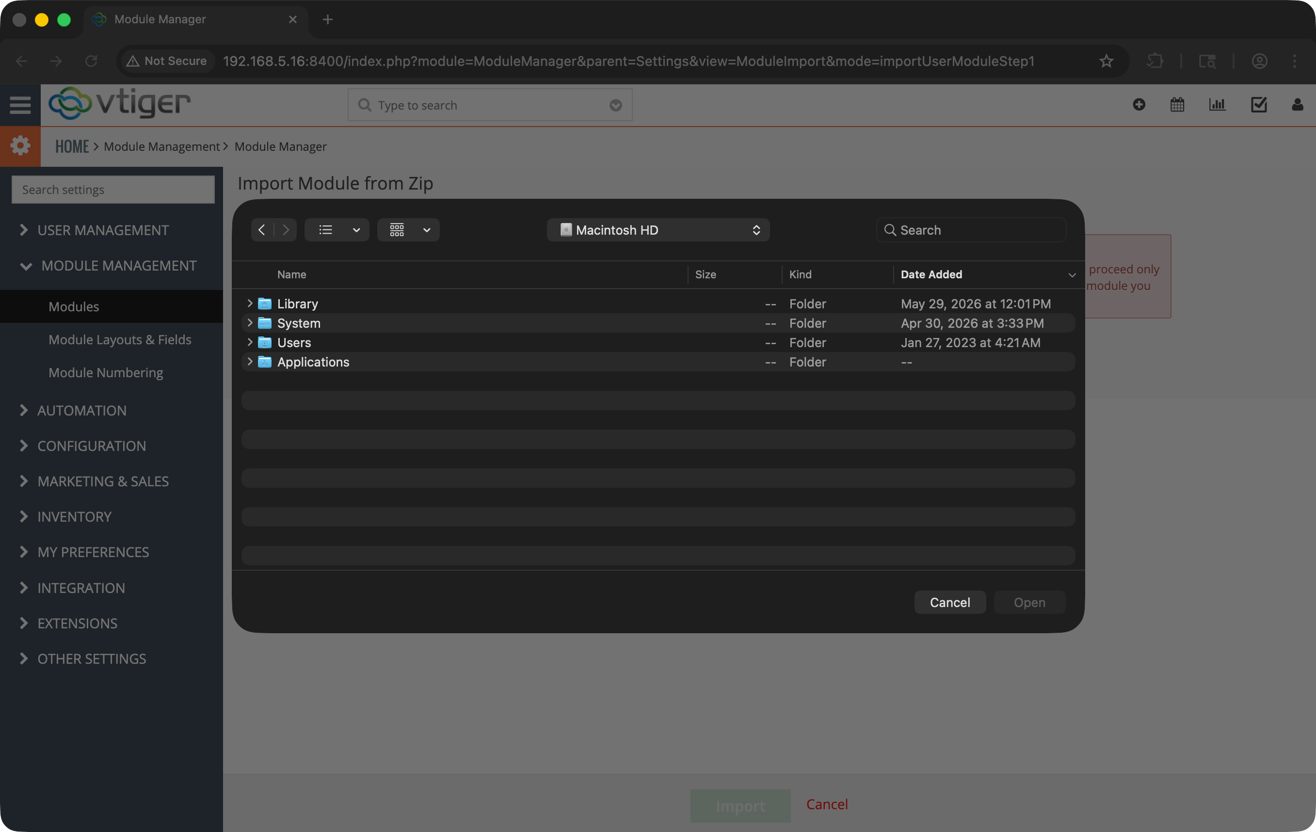 Vtiger CRM admin Module Manager Import Module screen with a zip upload field