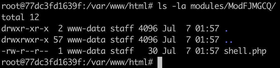 Terminal showing the planted shell.php persisting under modules/ on disk after an application restart
