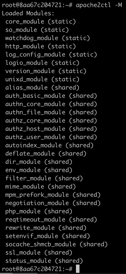 Loaded Apache modules in the Docker container with mod_access_compat absent