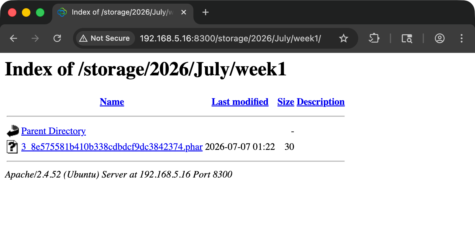 Apache directory listing of /storage/2026/July/week1/ exposing the uploaded .phar file