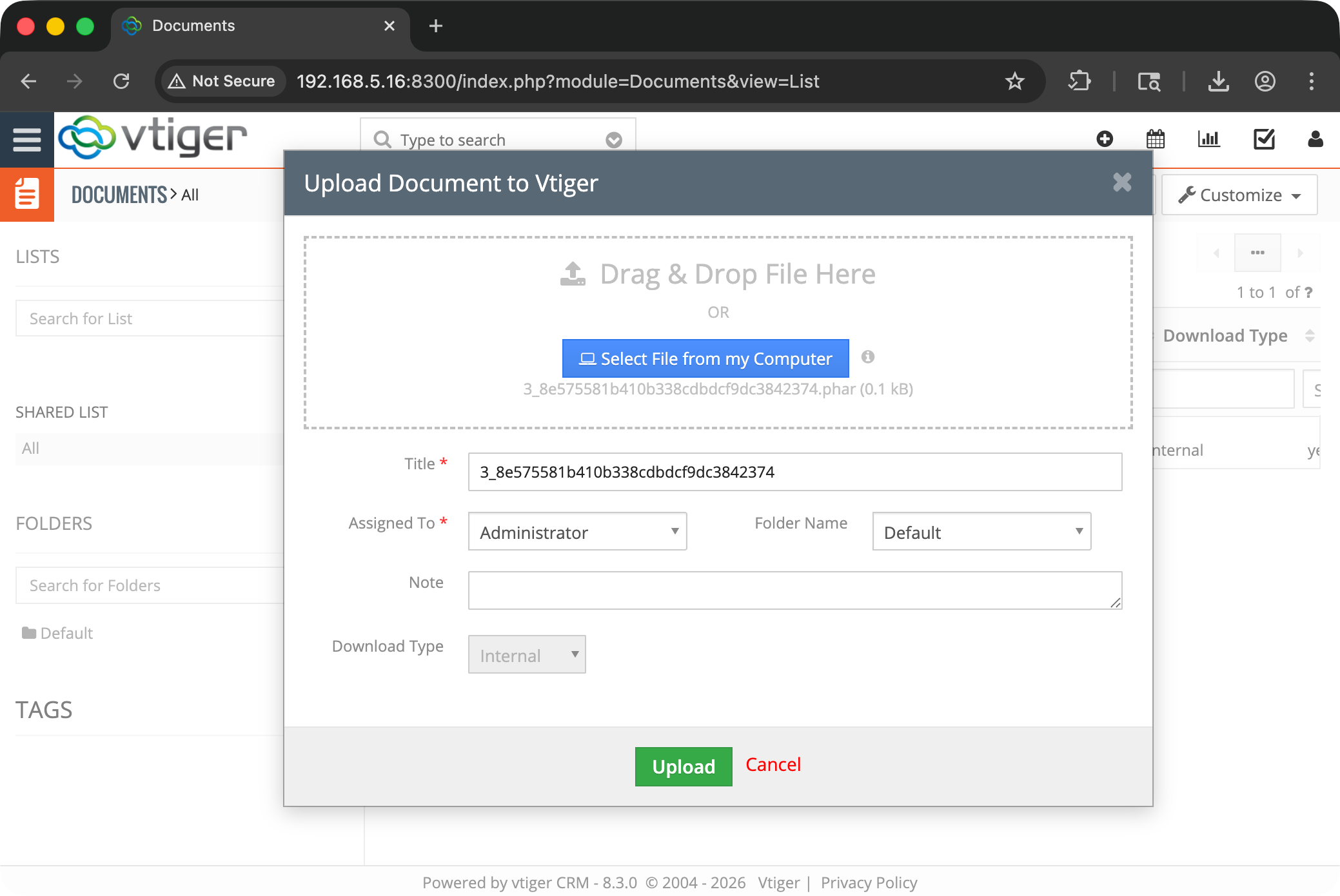 The Vtiger Documents module file upload interface